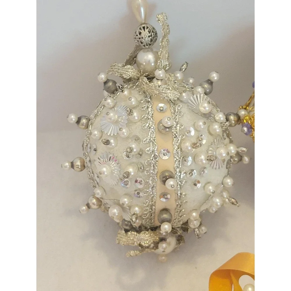 Vintage Beaded Christmas Ornaments Victorian Style Sequin Pearl Gold 5pc